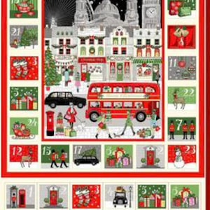 May include: A Christmas Advent calendar with a red border, depicting London scenes and festive illustrations. Each window reveals a different holiday image, such as a red double-decker bus, gifts, and snowmen. The calendar is designed for the holiday season.