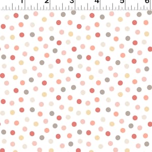 May include: White fabric with a repeating pattern of small, colourful polka dots. The dots are in shades of pink, red, beige, and grey.