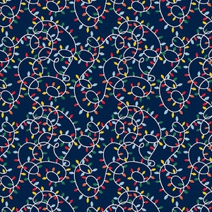 Peut inclure: Un motif sans couture de guirlandes lumineuses blanches avec des ampoules colorées sur un fond bleu foncé. Les lumières sont disposées de manière aléatoire, créant un design festif et joyeux.