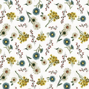 May include: A seamless pattern featuring a variety of flowers in shades of blue, yellow, and white on a white background. The flowers are arranged in a repeating pattern, creating a delicate and feminine design.