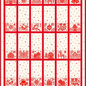 May include: A red and white Christmas advent calendar with 24 numbered doors. Each door features a different festive illustration, including stars, reindeer, presents, and a bird.