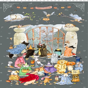 May include: A whimsical illustration of a group of cats and dogs dressed in Halloween costumes, trick-or-treating in front of a gate. The scene is set against a grey background with a banner that reads "HALLOWEEN".