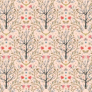 May include: A seamless pattern featuring a repeating design of stylised trees with branches and leaves, pink flowers, butterflies, and stars on a light pink background. The word "love" is written on the trees.