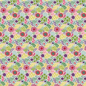 May include: A seamless pattern featuring a variety of colourful flowers, leaves, and geometric shapes. The pattern is set against a white background and includes shades of pink, red, yellow, green, blue, and purple.