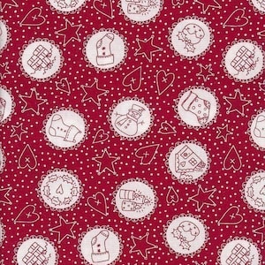 May include: Red fabric with a white repeating pattern of Christmas-themed illustrations. The illustrations include a snowman, a stocking, a house, a wreath, a star, a heart, and a candle.