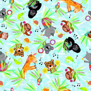 May include: A colourful, whimsical pattern featuring various animals playing musical instruments. The animals include a giraffe, a sloth, a koala, a leopard, a gorilla, and a hippopotamus. The background is a light blue with green leaves and musical notes.