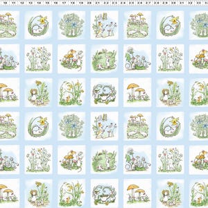 Mouseplay, Anita Jeram, Mice, Daisies, Flowers, Toadstools, Blocks, Fabric, Quilting Cotton, Denim, White, Clothworks