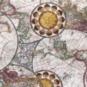 May include: A vintage map design with a collage of circular and partial world maps. The maps are in muted tones of beige, brown, green, and red, with intricate details and compass roses. The design includes celestial charts and cartographic elements.