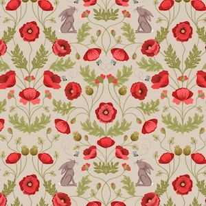 Könnte beinhalten: Ein nahtloses Muster mit roten Mohnblumen, grünen Blättern und grauen Kaninchen. Der Hintergrund ist hellbeige. Das Muster wiederholt sich über das gesamte Bild.