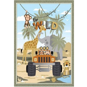 May include: A colourful illustration of a jungle scene with a jeep, a giraffe, an elephant, a monkey, and a tiger. The jeep is orange and has a white roof. The giraffe is brown and yellow with a long neck. The elephant is grey with big ears. The monkey is brown with a long tail. The tiger is orange and black with stripes. The text "Be Wild" is written in the background.