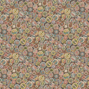 May include: A repeating pattern of colourful, circular vintage labels on a dark background. The labels feature various colours, including yellow, green, pink, and blue, with text and designs. The overall aesthetic is reminiscent of antique packaging or ephemera.