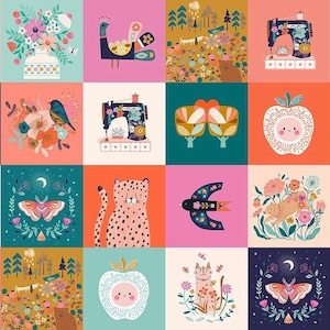 May include: A vibrant grid of illustrations with whimsical designs. Each square features a unique image, including floral arrangements, birds, animals, and decorative patterns. The artwork is colourful and playful, with a folk art aesthetic.