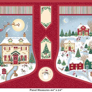 May include: A fabric panel featuring two large Christmas stockings with winter scenes, including houses, snow, trees, and Santa in a sleigh. The background is deep red with small snowflake patterns. Text at the bottom reads: Panel Measures 44" x 24".