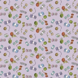 May include: A seamless pattern featuring various colourful yarn balls and skeins of yarn on a light purple background. The pattern is perfect for crafting projects or adding a touch of whimsy to any design.