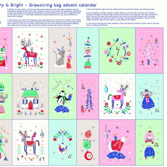 Dashwood Studios, Merry and Bright Drawstring Fabric Advent Calendar Panel,  75 X 112 Cms, 100% Cotton, Quilting, Patchwork, Festive 
