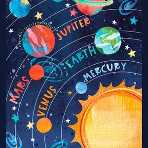 May include: A colourful illustration of the solar system with planets, stars, and rockets. The planets are labelled with their names: Pluto, Neptune, Uranus, Saturn, Jupiter, Earth, Mars, Venus, and Mercury. The sun is in the centre of the image.