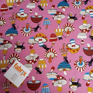 Cocoland Japanese Fabric, Cats and Toadstools Print, Lightweight Cotton Canvas