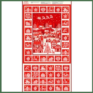 May include: Red and white Christmas advent calendar fabric featuring a winter village scene with numbered squares. The fabric depicts a white Christmas tree, houses, reindeer, and stars. The numbers are in gold.