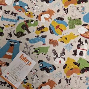 May include: A beige fabric with a repeating pattern of colorful cartoon dogs. The dogs are in various poses and have different expressions. The fabric is perfect for quilting, sewing, and crafting.