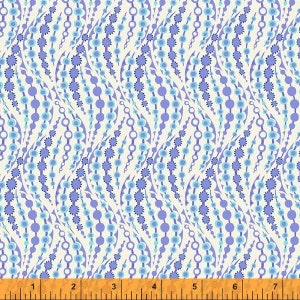 May include: A white fabric with a repeating pattern of blue and light blue circles and stars. The pattern is arranged in a wavy, flowing design.