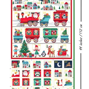 May include: A fabric advent calendar panel featuring a festive Christmas train, Santa, elves, and reindeer in a snowy village. The design includes numbered pockets and measures 60 cm by 112 cm. The scene is colourful with red, green, and blue.