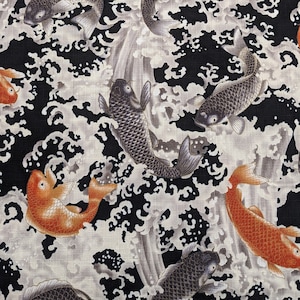 Japanischer Stoff, Koi Karpfen und Goldfisch Druck, 100% Baumwolle Borkentuch, Gewebe