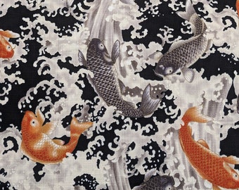 Japanischer Stoff, Koi Karpfen und Goldfisch Druck, 100% Baumwolle Borkentuch, Gewebe