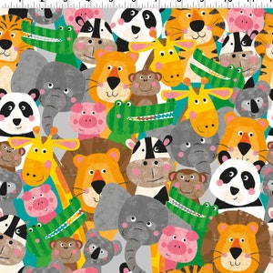May include: A colourful pattern of animal faces, including giraffes, pandas, tigers, crocodiles, elephants, and monkeys. The background is a light grey.