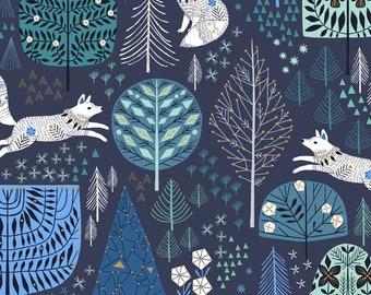 Arktis, Tiere, Bären, Füchse, Pinguine, Hasen, Papageientaucher, Blau, Baumwollstoff, Bethan Janine Dashwood Studios