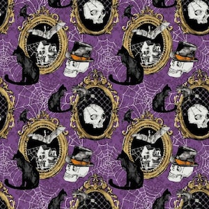 May include: Purple fabric with a repeating pattern of gold ornate frames, black cats, skulls, bats, and spiderwebs. The frames contain images of houses and bats.