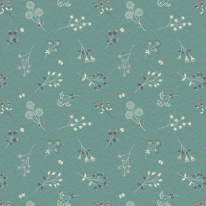 May include: A teal floral pattern with stylized botanical elements. The design includes sprigs with white, brown, and pink flowers, along with small butterflies. The background has a subtle, textured appearance.