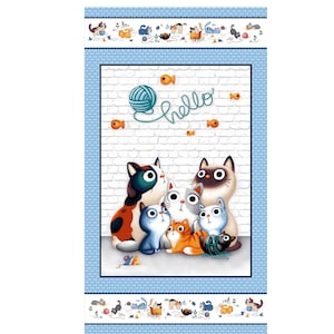 ファブリック パネル、Feline Friends Hello Cat パネル、DC8648、Michael Miller Fabrics、キルティング、パッチワーク、コットン、ファブリック、猫、子猫、キルト パネル。