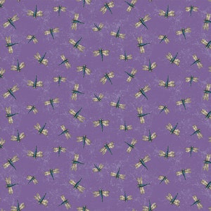 May include: A seamless pattern of blue and beige dragonflies on a purple background. The dragonflies are arranged in a repeating pattern, with their wings spread out.