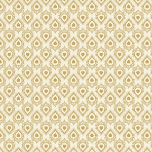 以下が含まれることがあります： クリーム色の背景に金色の孔雀の羽根がシームレスにパターン化されています。羽根は繰り返しパターンで配置され、豪華でエレガントなデザインを生み出しています。