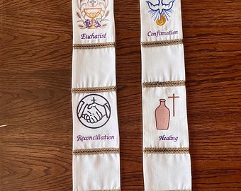 Seven Sacraments Embroidered Stole, Clergy Vestment