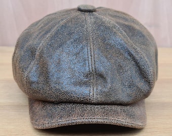 Personalized Brown Leather Newsboy Cap: Vintage Sheepskin Flat Cap