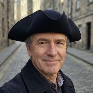 May include: A black felt tricorn hat featuring a wide, upturned brim with a distinct three-cornered shape and small silver-toned metal accents along the edges, worn as a head covering with a dark coat and a collared shirt underneath.