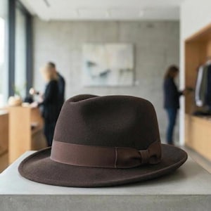 Può includere: Un cappello fedora in feltro marrone scuro caratterizzato da un nastro in gros-grain abbinato con un piccolo fiocco laterale. Il cappello presenta una corona strutturata con piega centrale e una tesa larga e piatta, dalla texture liscia.