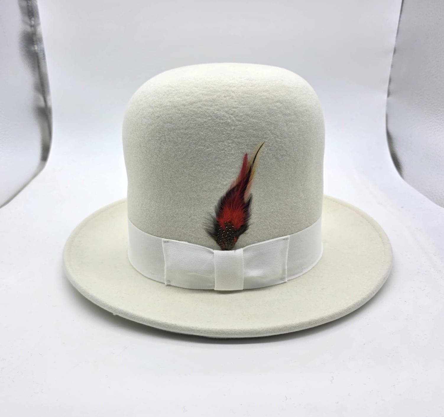 Vintage 1970s Off White Wool Hard Crown Fedora Bowler Hat Derby Wool Felt Bowler main image 3