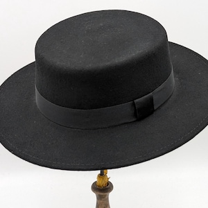 Personalized Black Wool Felt Boater Hat: Wide Brim Fedora