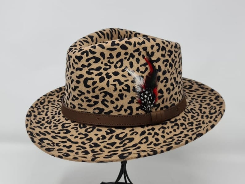 Fedora hat Leopard 100% Wool Felt Fedor personalize with Branding Iron Handmade Fedora Crushable hat  Leather Band Hat