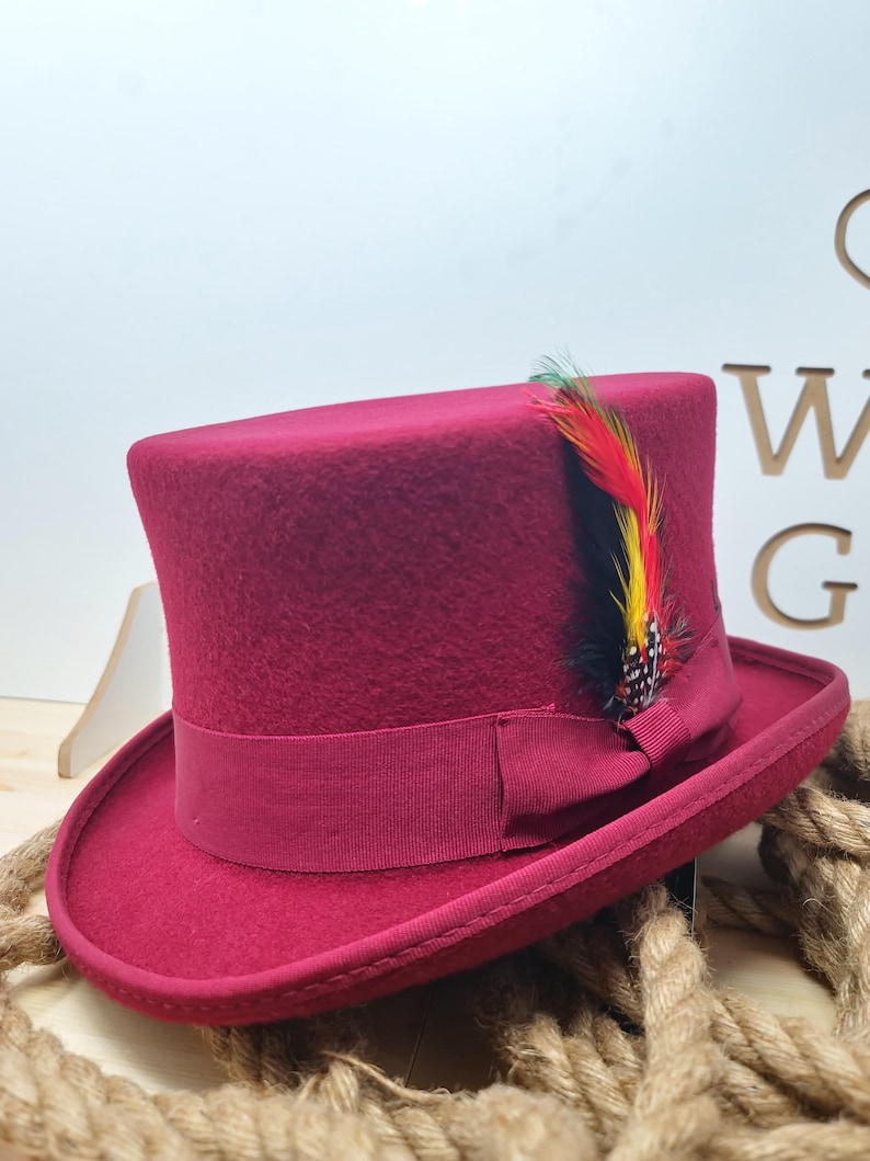 Pu&ograve; includere: Un cappello a cilindro color borgogna con un nastro nero e un pennacchio colorato.