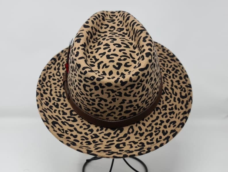 Fedora hat Leopard 100% Wool Felt Fedor personalize with Branding Iron Handmade Fedora Crushable hat  Leather Band Hat