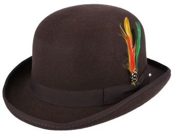 Hard Wool Felt Bowler Hat, Men Women Hard Wool Felt Hat, Superior Sweatband, Wool Felt Feather Hat, Classic Bowler Hat, Any Occasions Hat