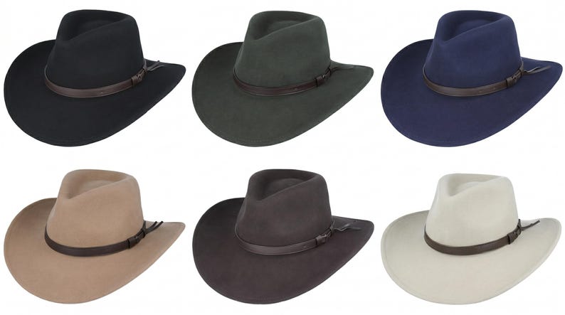 Puede incluir: Una colecci&oacute;n de seis sombreros fedora de fieltro en negro, verde oscuro, azul marino, beige, marr&oacute;n oscuro y crema. Cada sombrero presenta una copa pellizcada, un ala ancha y una banda de cuero marr&oacute;n oscuro con un peque&ntilde;o nudo lateral.