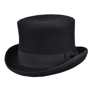 May include: A black top hat with a wide brim and a black band around the crown.