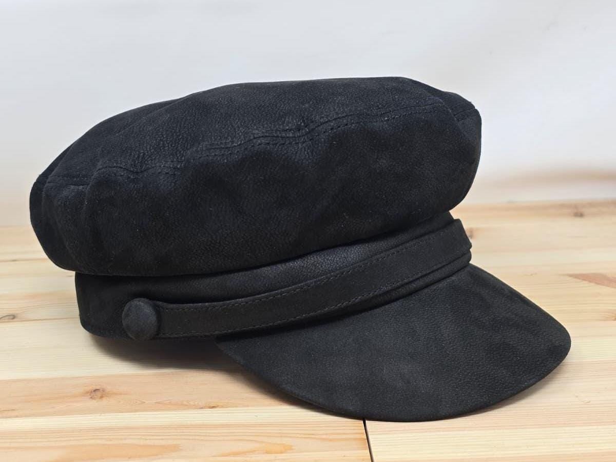 Vintage Sheepskin Leather Captain Cap: Black Breton Sailor