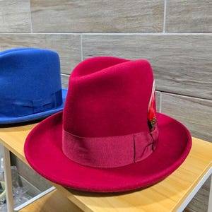 May include: A red fedora hat with a matching band and a decorative feather. The hat has a classic design with a wide brim and a pinched crown. A blue fedora hat is visible in the background.