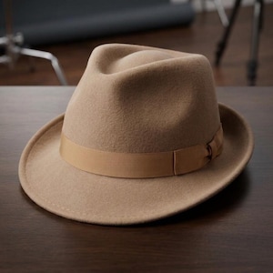 May include: A tan felt fedora hat featuring a structured crown with a centre crease and a pinched front. The hat includes a matching tan grosgrain ribbon band encircling the base of the crown, finished with a small bow detail on the side.