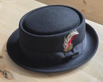 Personalise using a branding ironHandmade Wool Felt Porkpie Hat: Crushable Trilby with Feather